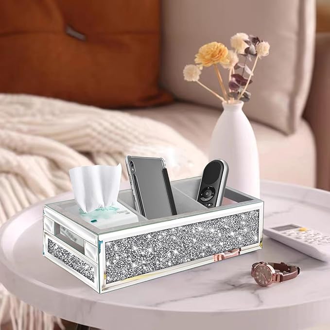 Wocred Bathroom Basket Toilet Tank Upgrade,Crushed Diamond Mirrored Bathroom Tray Wall-Mounted,3 Layer partition Storage Organizer fits Dresser Bedroom,Bathroom,Coffee Table.(15”x6”x3.8”)