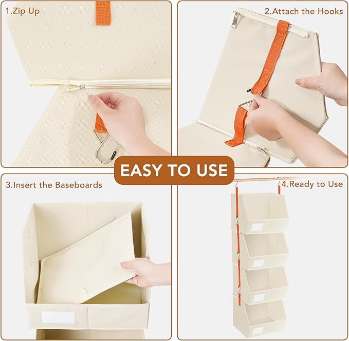 4 Pcs Modular Closet Organizer - Detachable & Foldable Hanging Storage Cubes, 88L Total Capacity, Heavy Duty Fabric Shelves for Wardrobe, Closet Organization, RV, Dorm, Beige