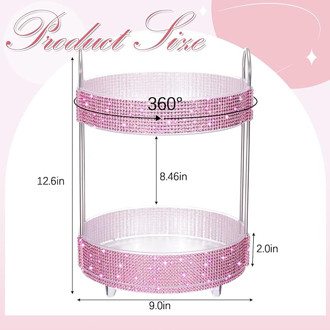 Honeydak 360 Rotating Perfume Organizer for Mother Day Nurse Day Rhinestone Bathroom Counter Organizer Makeup Holder Skincare and Perfume Storage for Cosmetic Countertop(2 Tiers,Resin Stone,Pink)