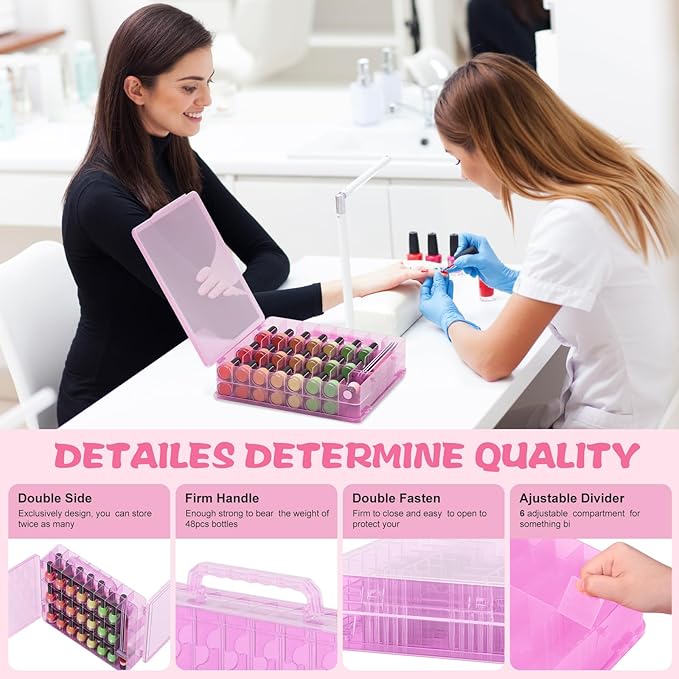 SUBAY Nail Polish Organizer Case for 48 Bottles, Double Side Nail Polish Holder for Storage Display, Portable Nail Polish Storage with 2 Toe Separators, 6 Adjustable Dividers for Space Saver, Pink