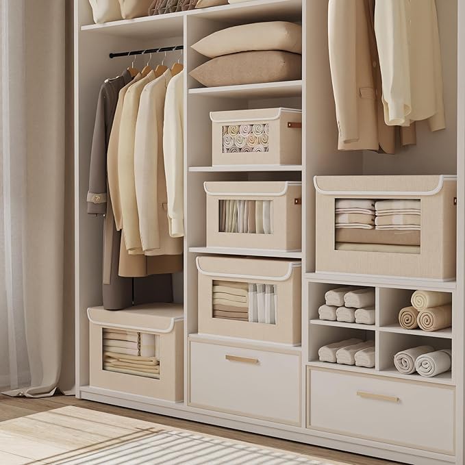 Storage Basket with Lid, Decorative Linen Storage Box, 10.2 x 7.8 x 6.7 Inch Closet Organizer for Shelves with Handles, Beige, 1-Pack