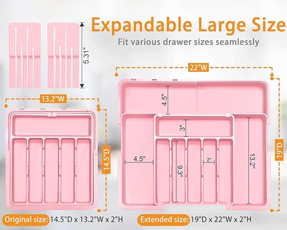 Homecor Silverware Organizer - Expandable Large Kitchen Drawer Organizer Utensil Organizer with 2 Knife Block Inserts, 22"x 19"Cutlery Tray with Drawer Dividers for Kitchen Flatware (Pink)