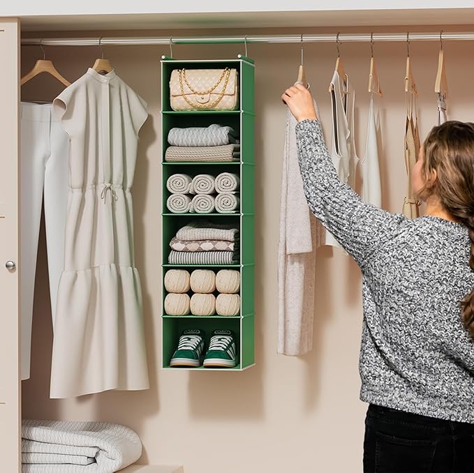 MAX Houser 6-Shelf Hanging Closet Organizer, Hanging Storage Shelves with 2 Sturdy Hooks Space-Saving for Bedroom, Foldable (Green)
