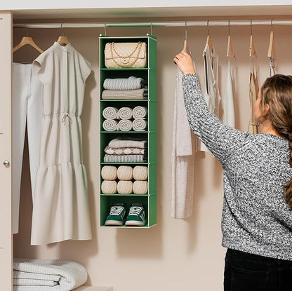 MAX Houser 6-Shelf Hanging Closet Organizer, Hanging Storage Shelves with 2 Sturdy Hooks Space-Saving for Bedroom, Foldable (Green)