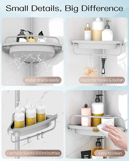 ALLZONE Corner Shower Caddy Tension Pole, Extendable Rustproof Stainless Steel Pole & 4-Tier Adjustable Shelves for Easy Drainage and Built-to-Last Stability, 34 to 116 Inches, Grey