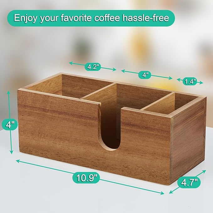 ALELION Acacia Wood Coffee Cup Holder for Countertop - Wood Coffee Bar Accessories and Organizer - Coffe Station Organizer for Cup Lid Stirrers Pod