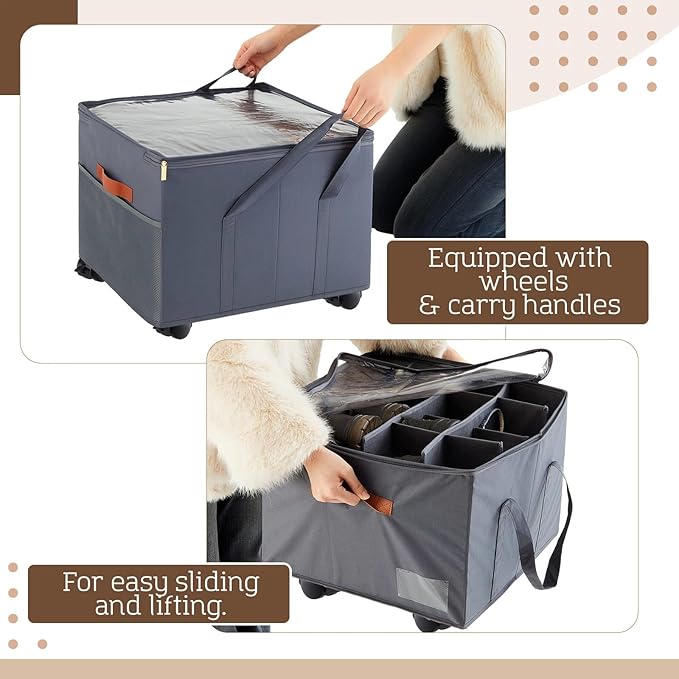 AceOrbit Large Rolling Shoe Organizer 360 Degree Wheeled Fits up to 16 Pairs, Storage Box with Brake and Clear Dust Cover, Adjustable Dividers, Protects Shoes from Dust and Moisture