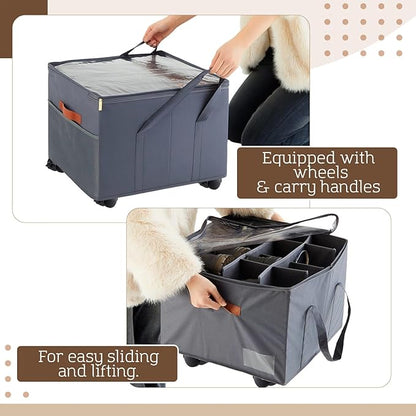 AceOrbit Large Rolling Shoe Organizer 360 Degree Wheeled Fits up to 16 Pairs, Storage Box with Brake and Clear Dust Cover, Adjustable Dividers, Protects Shoes from Dust and Moisture