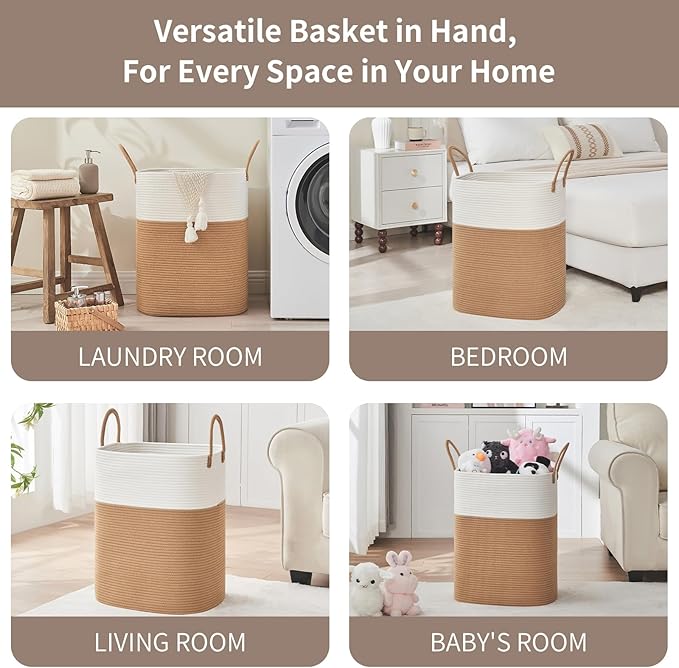 AINUOQI Laundry Basket with Handles - Blanket Basket & Hampers for Bedroom Aesthetic, Laundry Hamper & Blanket Storage for Living Room, Clothes Hamper, Tall, Large 17" x 14" x 22”, White & Jute