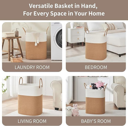 AINUOQI Laundry Basket with Handles - Blanket Basket & Hampers for Bedroom Aesthetic, Laundry Hamper & Blanket Storage for Living Room, Clothes Hamper, Tall, Large 17" x 14" x 22”, White & Jute