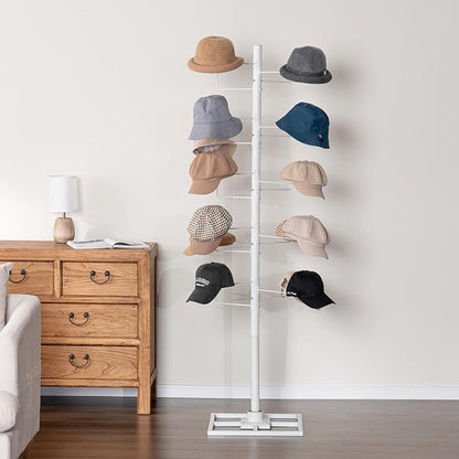 MyGift Freestanding Cowboy Hat Rack Stand for Display, 360 Degree Rotating Wig Tree, Baseball Cap Organizer with 20 Customizable Circular Hooks, 6 Foot Height, White Metal