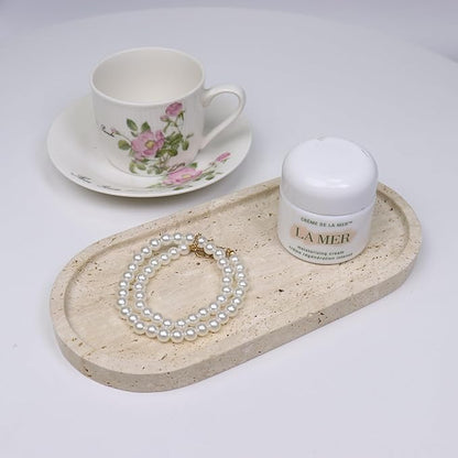 OOBOOB Oval Natural Marble Bathroom Tray for Decor Countertop, Marble Vanity Tray for Candles Perfume, Jewelry, Cosmetics, Elegant Vanity Organizer for Jewelry, Perfume