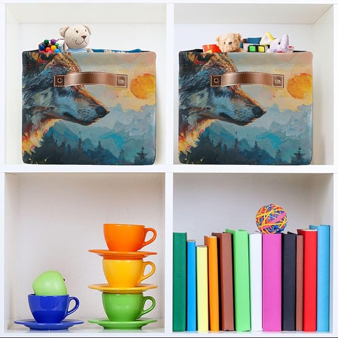 Storage Basket Wolf in The Sunrise Pattern Durable Canvas Collapsible Toy Box Organizer Bin with Handles for Shelf Closet Bedroom Home Office