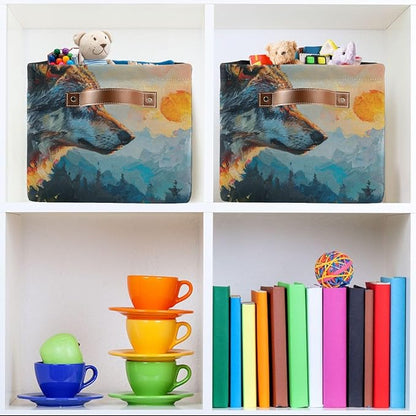 Storage Basket Wolf in The Sunrise Pattern Durable Canvas Collapsible Toy Box Organizer Bin with Handles for Shelf Closet Bedroom Home Office