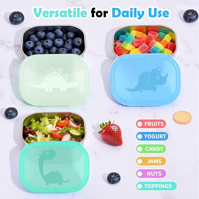 Tanjiae 3×8oz Small Stainless Steel Snack Containers for Kids and Toddlers - 230mL Leakproof Food Containers with Cute Dino Lids | LFGB Certified, Stackable Metal Snack Box for School, Daycare, Travel
