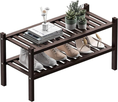 ROMGUAR CRAFT 2 Tier (Thick) Bamboo Shoe Rack for Closet Free Standing Wood Shoe Shelf for Entryway Small Space Stackable 27"x12"x14" (Black Brown)