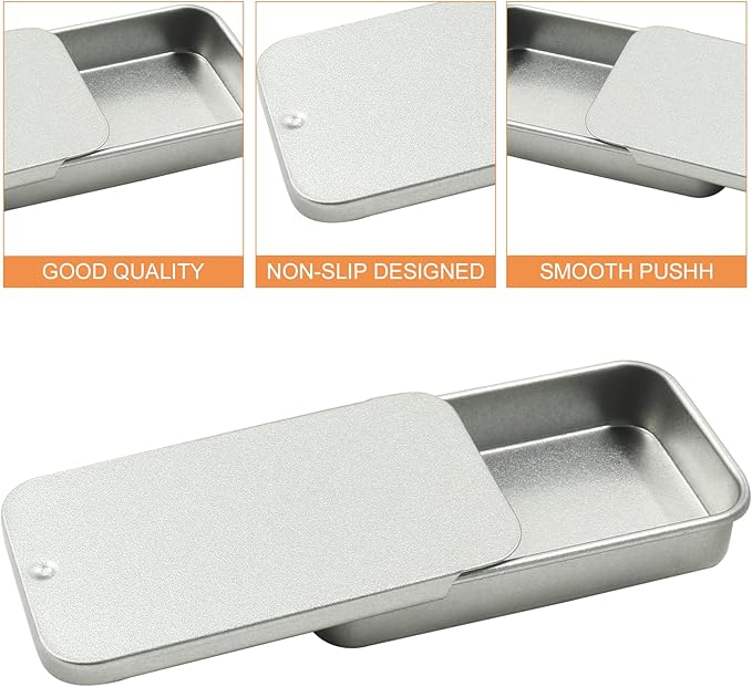 Unlorspy 10 Pcs Silver Metal Tin Container Slide Lid, 2.36" x 1.38" x 0.47" Metal Tin Container Slide Top for DIY Pills, Solid Perfumes, Lip Balms, Cards and Herbs