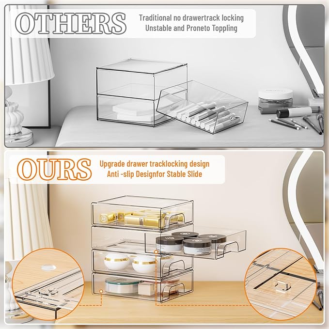 Yieach 8 Pack Small Clear Stackable Storage Drawers,2.2'' Tall Desk Organization and Storage,Plastic Office Supply Organizer,Acrylic Storage Containers for Makeup,Hair Clip,Accessory,Pen,Art Crafts