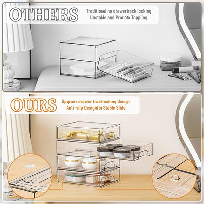 Yieach 8 Pack Small Clear Stackable Storage Drawers,2.2'' Tall Desk Organization and Storage,Plastic Office Supply Organizer,Acrylic Storage Containers for Makeup,Hair Clip,Accessory,Pen,Art Crafts