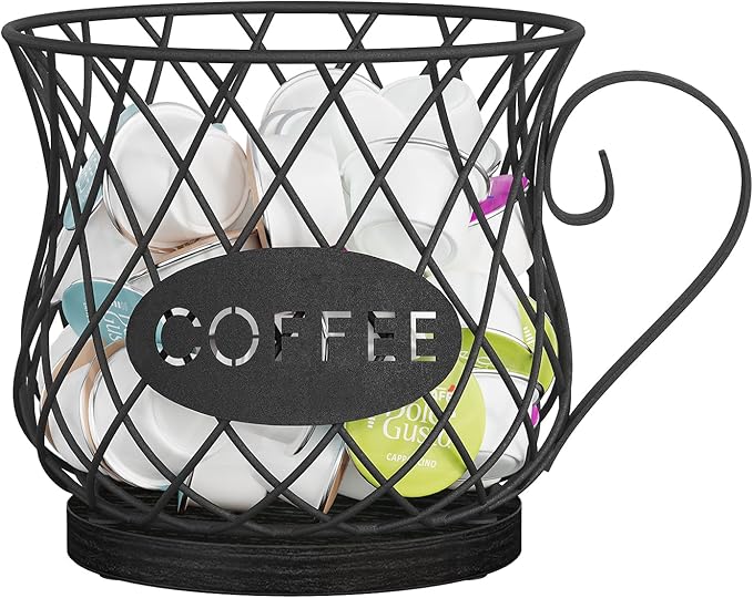 YINMIT K Cup Holder Organizer, Sturdy Coffee Pod Holder Organizer, 35 Kcup Large Capacity Storage Basket for Kitchen Counter and Office Desktop (Black-Circular with Handle)