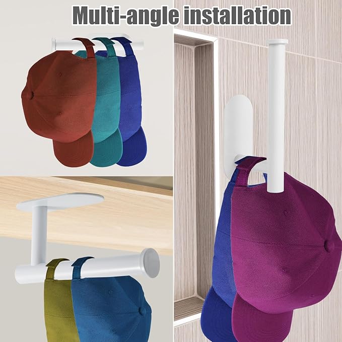 PEUTIER 2pcs Hat Racks for Baseball Caps, No Drill Hat Hooks for Wall Stainless Steel Hat Storage Organizer Self-Adhesive Hat Hanger for Door Bedroom Closet (White)