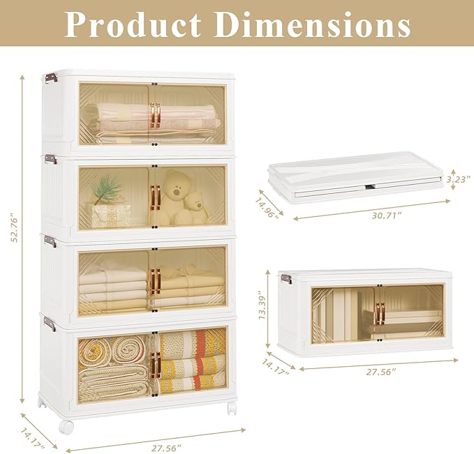 Storage Bins with Lid, 90 Gal/360 Qt Capacity, 4 Pack Large Stackable Storage Bins with Lid, White Collapsible Lidded Bins with Wheels, Foldable, Customizable, for Home Organization