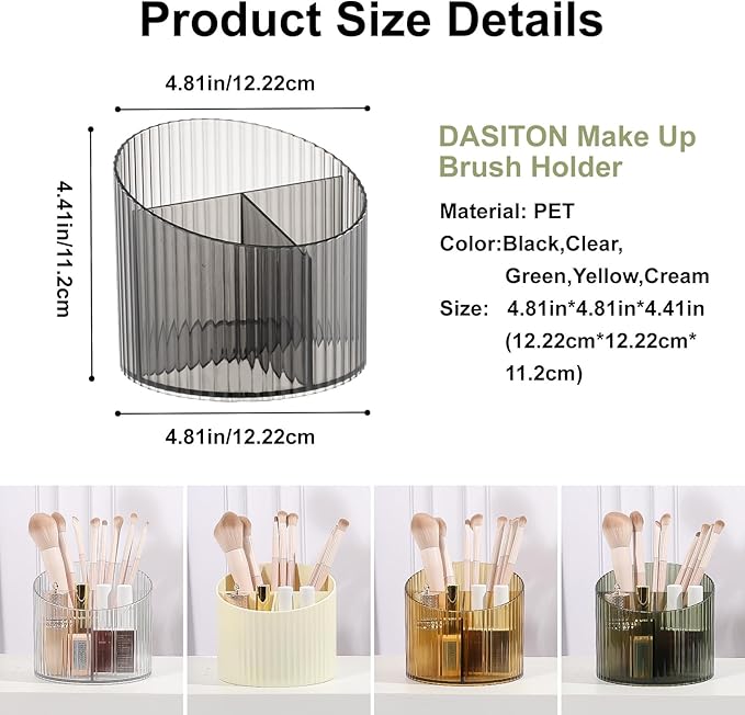 DASITON 3 Slots Makeup Brush Holder, Acrylic Makeup Brush Cup, Vintage Striped Make Up Brush Holder for Vanity Decor, Bathroom Countertops, Desk Storage Container, Cosmetic Display Cases (Black)