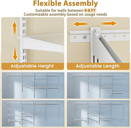 Tangkula 4 to 8 FT Custom Closet System, Wall Mounted Closet with Hanging Rod, Metal Hanging Storage Organizer Rack Wardrobe with Shelves, Adjustable Closet System Kit for Bedroom (White)