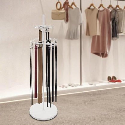 Floor Standing Belt Display, Tie Rack Floor Mounted Belt Hanger Belt Display Shelf Purse Hanger Stand Scarf Stand Adjustable Feet for Home, Boutiques, Clothing Stores, Retail Stores (White)