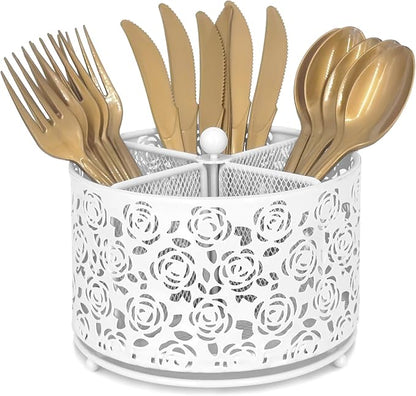 DysanVica 360° Rotating Metal Silverware Caddy - 4 Compartment Utensil Cutlery Holder Fork Spoon Napkin Organizer Flatware Storage Basket Party Countertop Buffet Picnic Camping Outdoor (White)