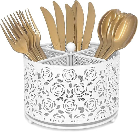 DysanVica 360° Rotating Metal Silverware Caddy - 4 Compartment Utensil Cutlery Holder Fork Spoon Napkin Organizer Flatware Storage Basket Party Countertop Buffet Picnic Camping Outdoor (White)