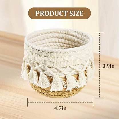 HEAVYWOOD Macrame Makeup Brush Holder Organizer 4.7''x3.9'' Mini Makeup Containers Boho Small Round Storage Basket Tassels Fringe Decorative Pencil Holder Set of 2 (4.7''x3.9'', Khaki)
