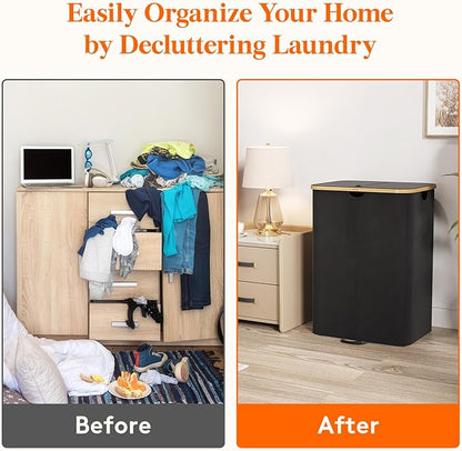 Lifewit 150L Double Laundry Hamper with Lid, Large Laundry Basket with Removable Bag & Bamboo Handles, Fodable Tall Dirty Clothes Hamper for Laundry Collapsible Bin for Bathroom Bedroom Dorm, Black