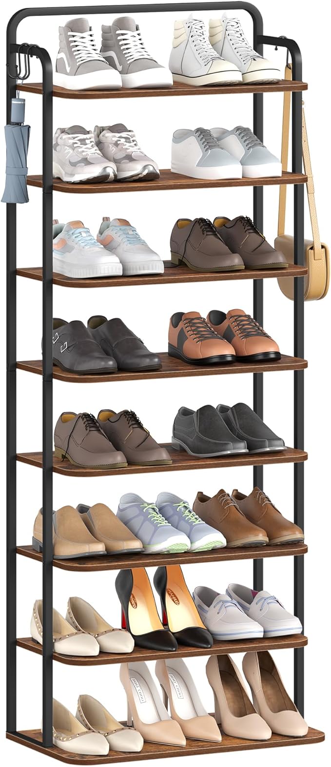 Hzuaneri 8 Tiers Widened Vertical Shoe Rack, Narrow Shoe Tower, Tall Shoes Shelf with 2 Hooks, Adjustable Shelves, Corner Shoes Shelves for Small Spaces, Entryway, Living Room, Rustic Brown SR12501B
