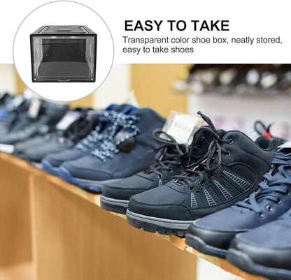 Happyyami Large Sneaker Storage Box with Clamshell Lid, Stackable Shoe Organizer Case for Men and Women, Black Snap Closure Display Shoe Cabinet for Home Closet