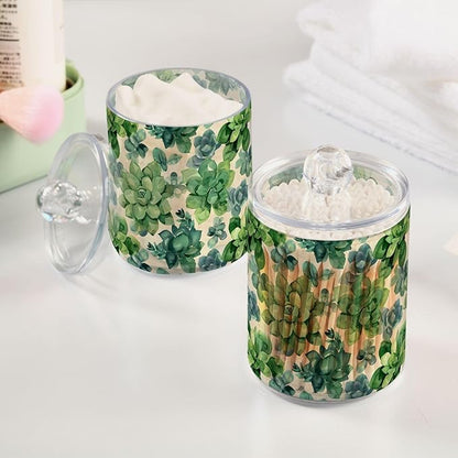 ALAZA 2pcs Flowers Boho Green Qtip Holder Dispenser 14 oz Bathroom Storage Clear Apothecary Jars Containers Cotton Ball,Cotton Rounds,Floss Picks, Hair Clips, Food