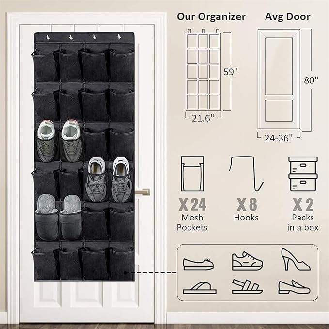 Shoe Rack for Closet Front Door Entrance Entryway Cabinet Hanging Organizer,Shoe Organizers Over The Door Bedroom Bathroom Space Saving Portable Clear 28 Pocket Mesh Breathable Hanger(White)