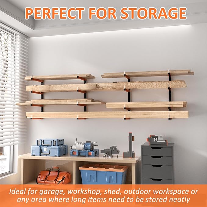 4 Pack Lumber Storage Rack, Wall Mount Removable & Adjustable Lumber Rack with 8-Level Holds Up 1040 Lbs, Heavy Duty Metal Garage Wood Rack for Workshop, Basement, Indoor and Outdoor