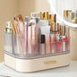 Delamu Makeup Organizer for Vanity with Stackable Drawer, 360 Rotating Makeup Brush Holder, Large Cosmetic Organizer with Tiered Storage for Skincare, Lipstick, Eyeshadow Brushes, Perfume, White