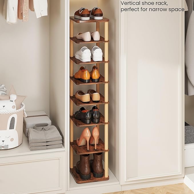 LUCKNOCK Vertical Shoe Rack, 8-Tier Tall Narrow Shoe Organizer for Entryway, Closet, Dorm & Small Spaces, Freestanding Wooden Shoe Shelf Tower for Boots, Sneakers, Heels. (Rustic Brown)