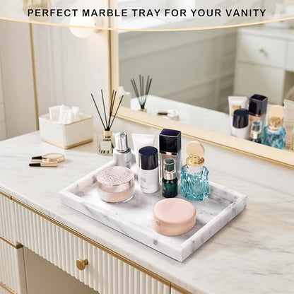 Bathroom Tray for Countertop, Marble Perfume Tray for Dresser Organizer, Marble Tray for Bathroom Counter & Home Decor, Natural Decorative Stone Vanity Trays, 12" x 8", Starry White