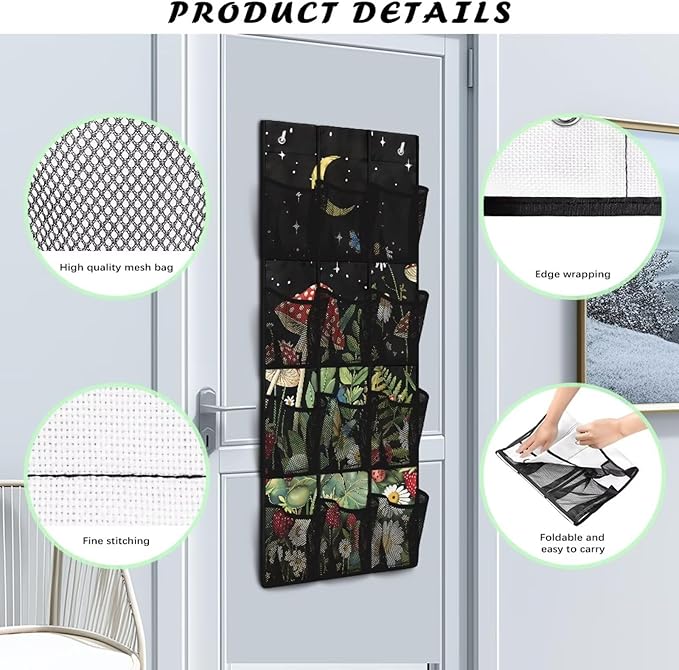 Moon Shoe Organizer Over The Door 12 Pockets Mushrooms Door Hanger Organizer Bathroom Mesh Fabric Black Shoe Holder Hanger for Living Room Space Saving Wall Hanging Storage