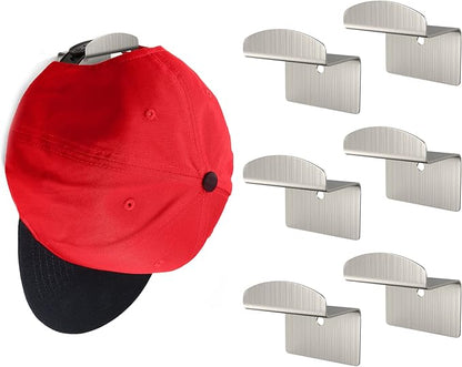 Modern JP Metal Adhesive Hat Hooks for Wall (6-Pack) - Optional Screws Included, Minimalist Hat Rack for Wall, Strong Hold Hat Hangers for Wall - Stainless Steel, Silver