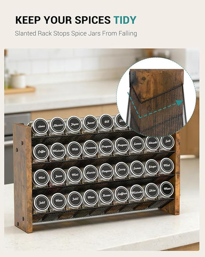 NESAPTO Spice Rack Organizer with 36 Glass Spice Jars, Wood 4-Tier Seasoning Organizer with Labels for Cabinet, Pantry, Countertop or Wall Mount, Chalk Marker and Funnel Set, 17.2" W × 9.4" H