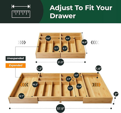 Large Silverware Organizer, 12 Slots Magnetic Connected Expandable Bamboo Utensil Drawer Organizer From 21 to 37.4 Inches, Adjustable Flatware and Cutlery Holder, Utensil Tray for Kitchen Natural