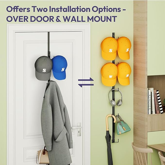SWTYMIKI Over Door Hat Organizer - 2 Packs Metal Wall Mounted Hat Rack with 5-Tier Dual Hooks Design, Hanging Baseball Cap Organizer Storage Holds up to 40 Caps for Door, Bedroom, Closet