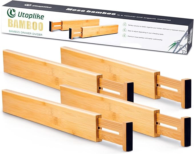 Utoplike 4 pcs Bamboo Kitchen Drawer Dividers Large, Adjustable Drawer Organizers, Spring Loaded, Expandable Organization Works in Kitchen, Dresser, Bathroom, Bedroom, Drawer, Desk