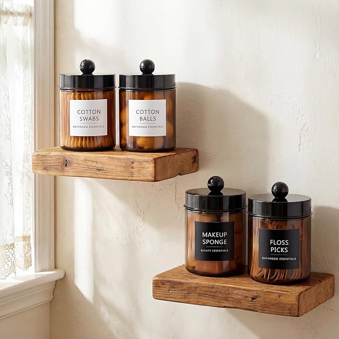 Amolliar Amber Glass Qtip Holder, Apothecary Jars with Black Plastic Lid & Stickers-Bathroom Qtip Dispenser Storage Organizer Set, Vanity Counter Cantainer for Cotton Swabs,Round Floss (4 Pack)