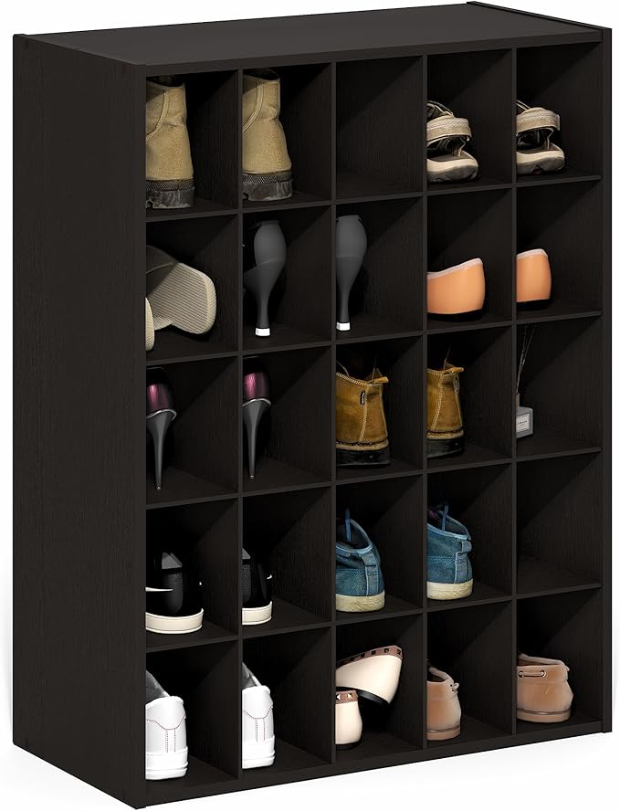 Furinno FANO Shoe Rack, 25-Cube Shoe Organizer, Stackable Shoe Storage, 11.7 x 24.2 x 31.5, for Closet Entryway, Office, Garage, Black Dark Oak