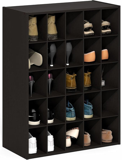 Furinno FANO Shoe Rack, 25-Cube Shoe Organizer, Stackable Shoe Storage, 11.7 x 24.2 x 31.5, for Closet Entryway, Office, Garage, Black Dark Oak